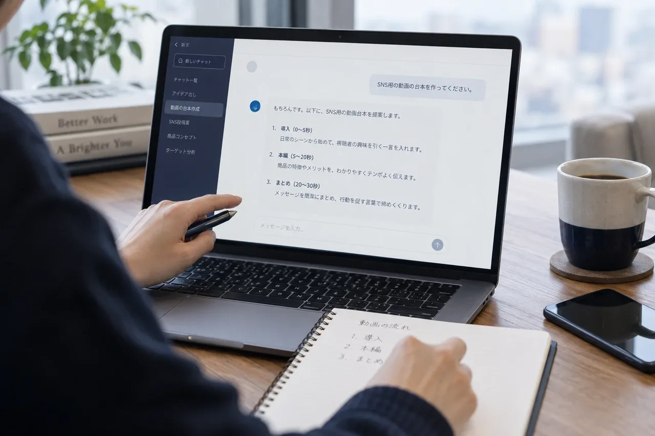 パソコンのAIチャットで動画台本を考えているイメージ