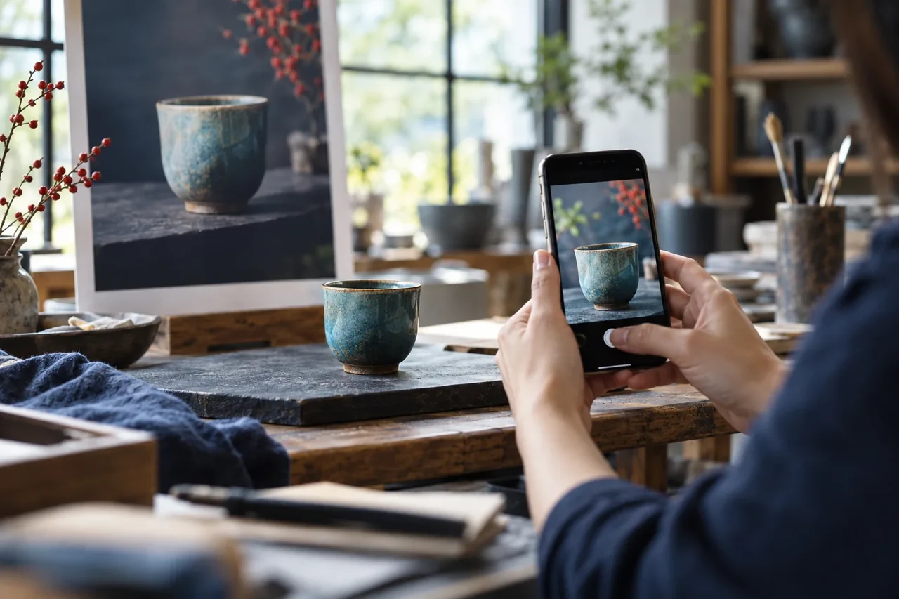 商品をスマートフォンで撮影し、写真として伝えるイメージ