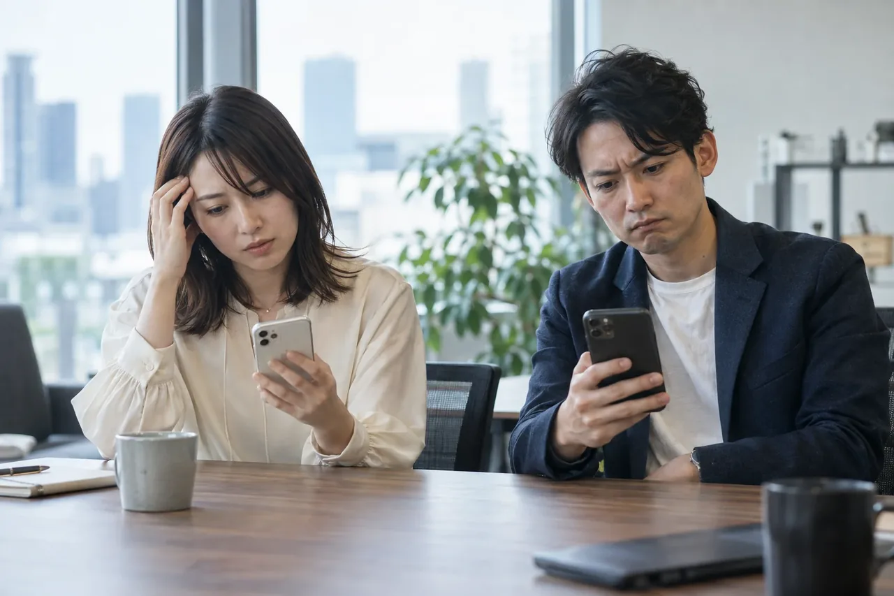 投稿案が浮かばず、iPhoneを見ながら困っている男女の社員